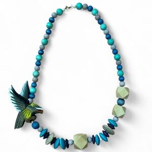Vintage Unique Wooden Beaded Necklace With A Hand Carved & Painted Bird